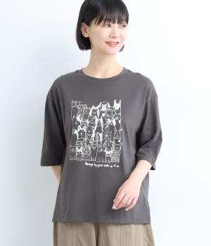コットンいぬ集合プリントTEE(チャコール-F)