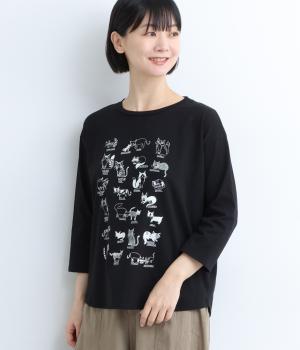 OE天竺コットンいろいろネコプリントプルオーバー(クロ-F)