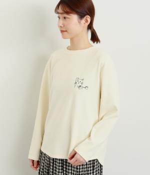 読書ネコ刺しゅう裾ラウンドプルオーバー(アイボリー-F)