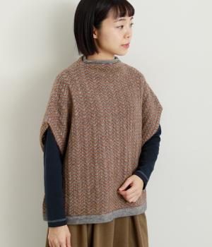 柄編ニットポンチョベスト(グレー×オレンジ-F)