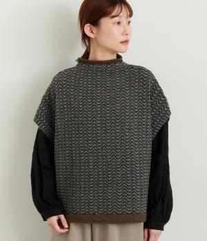 柄編ニットポンチョベスト(ブラウン×ブルー-F)