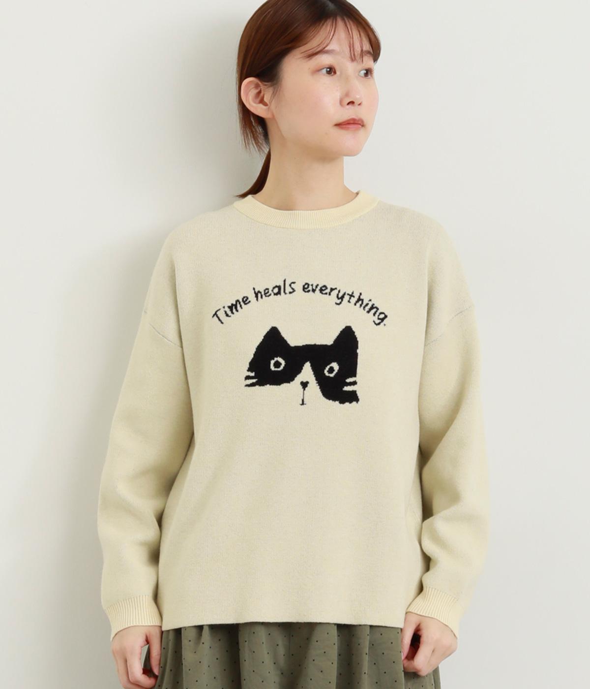 スマイルねこジャカードニットプルオーバー(アイボリー-F)