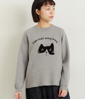 スマイルねこジャカードニットプルオーバー(グレー-F)
