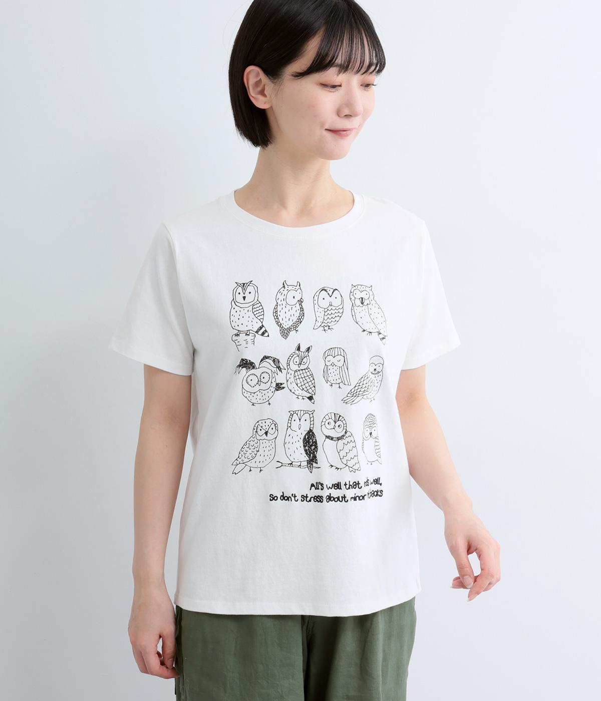いろいろフクロウプリントTシャツ(オフホワイト-F)