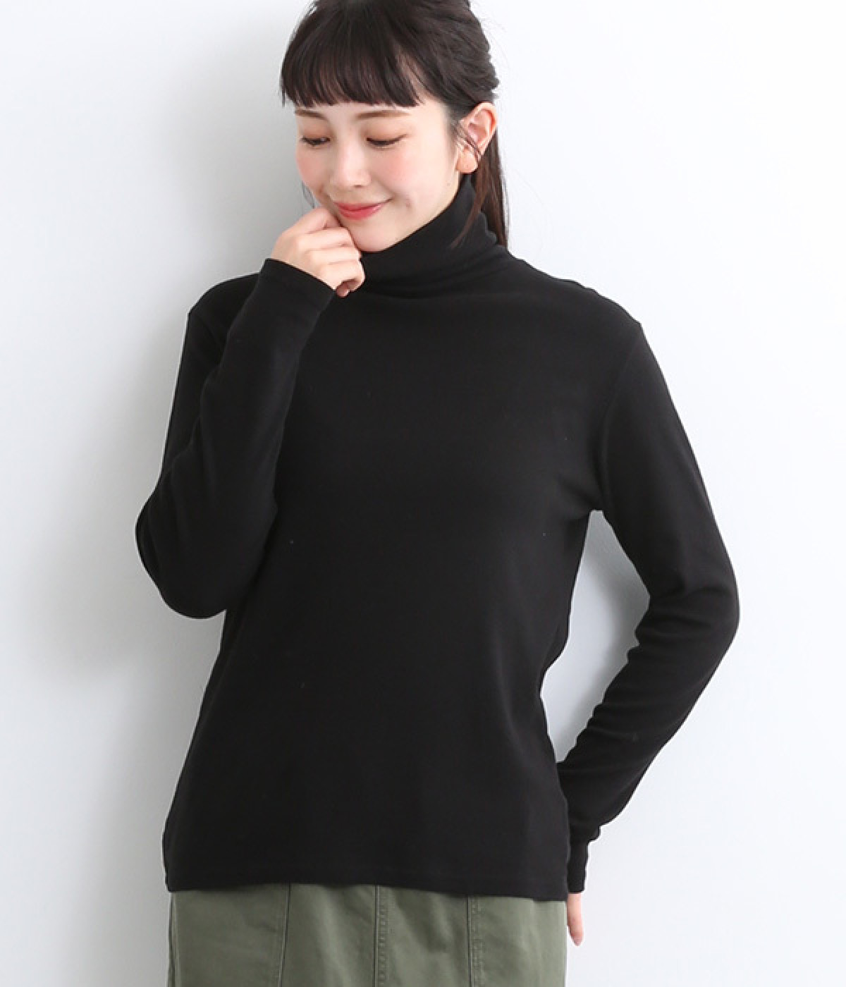 コットンフライス無地タートルネックT(ブラック-ONESIZE)