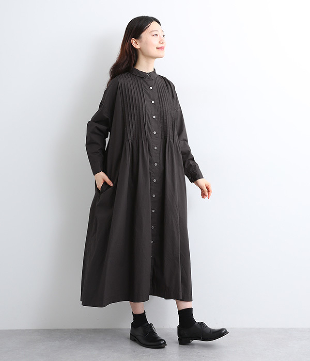 コットンピンタックワンピース(ブラック-ONESIZE)