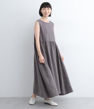 リネンノースリーブギャザーワンピース