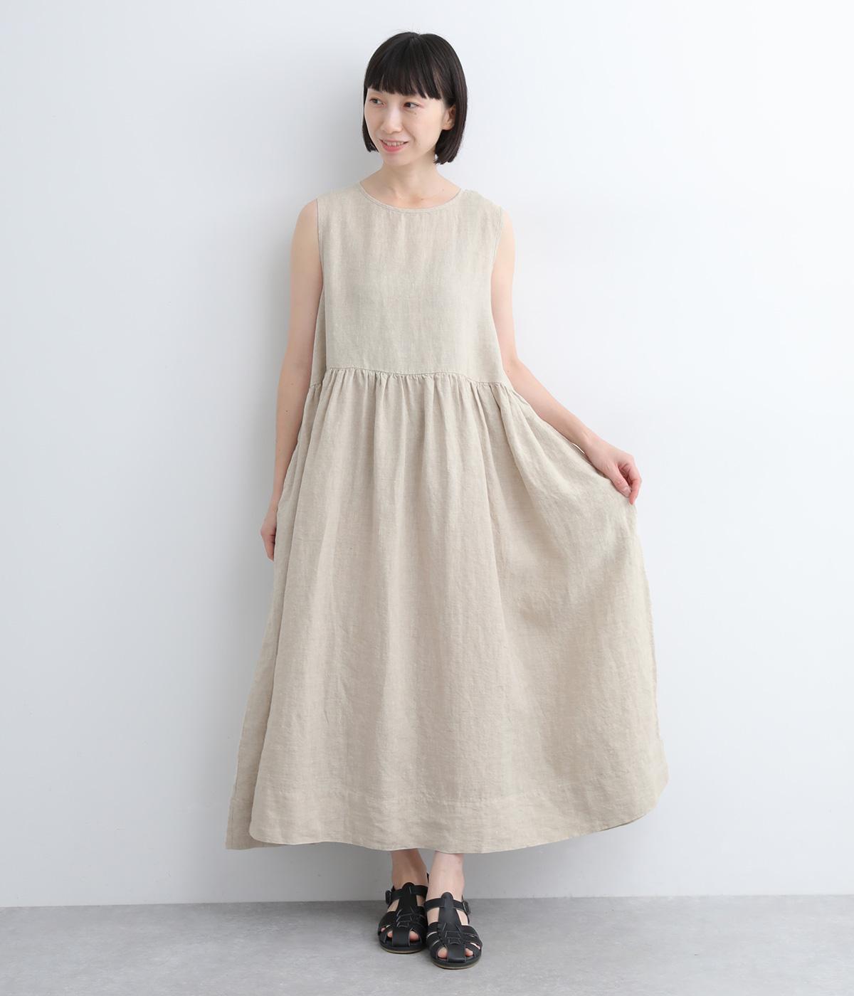 リネンノースリーブギャザーワンピース(ナチュラル-F)