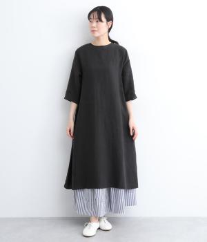 リネンシンプル7分袖ワンピース(ブラック-F)