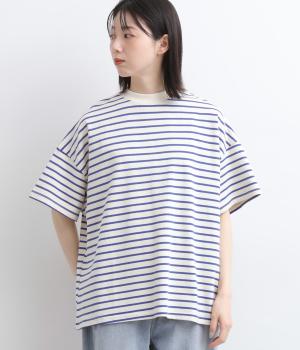 コットン天竺　半袖ビッグシルエットプルオーバー(オフ×ブルー-F)