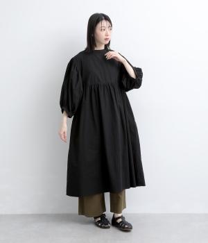 度詰めコットン　2wayウエストギャザーワンピース(ブラック-F)