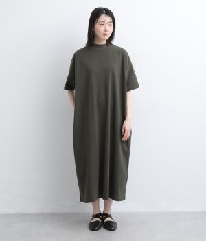 コットン天竺　モックネック5分袖ワンピース(チャコール-F)