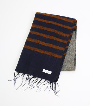 手織りアシンメトリー柄ショール(ネイビー×オレンジ-ONESIZE)