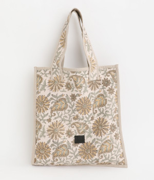 ハンドブロックプリントトート(オフホワイト×ブラウン-ONESIZE)