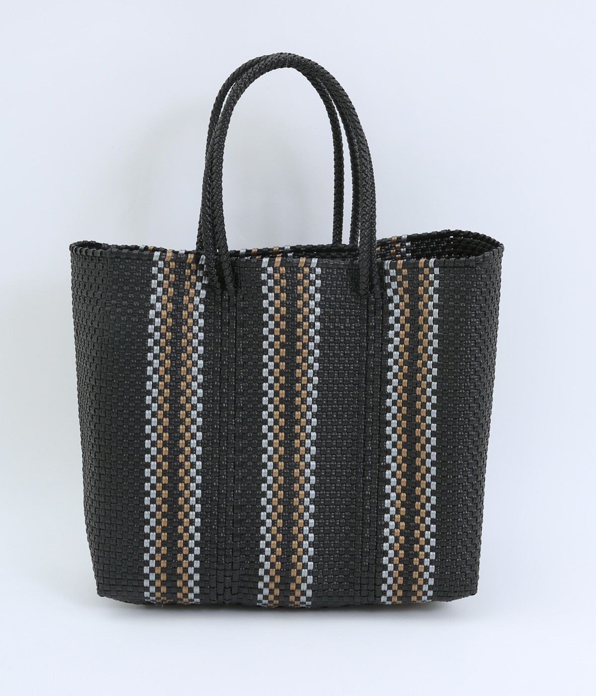 手編みのメルカドバッグ　ストライプ　M(ブラック-ONESIZE)