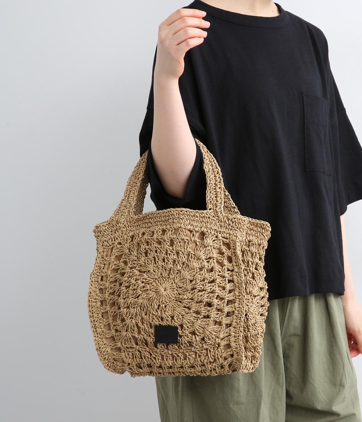 手編みペーパーラフィアトートバッグ(ベージュ-F)