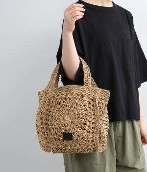手編みペーパーラフィアトートバッグ(ベージュ-F)