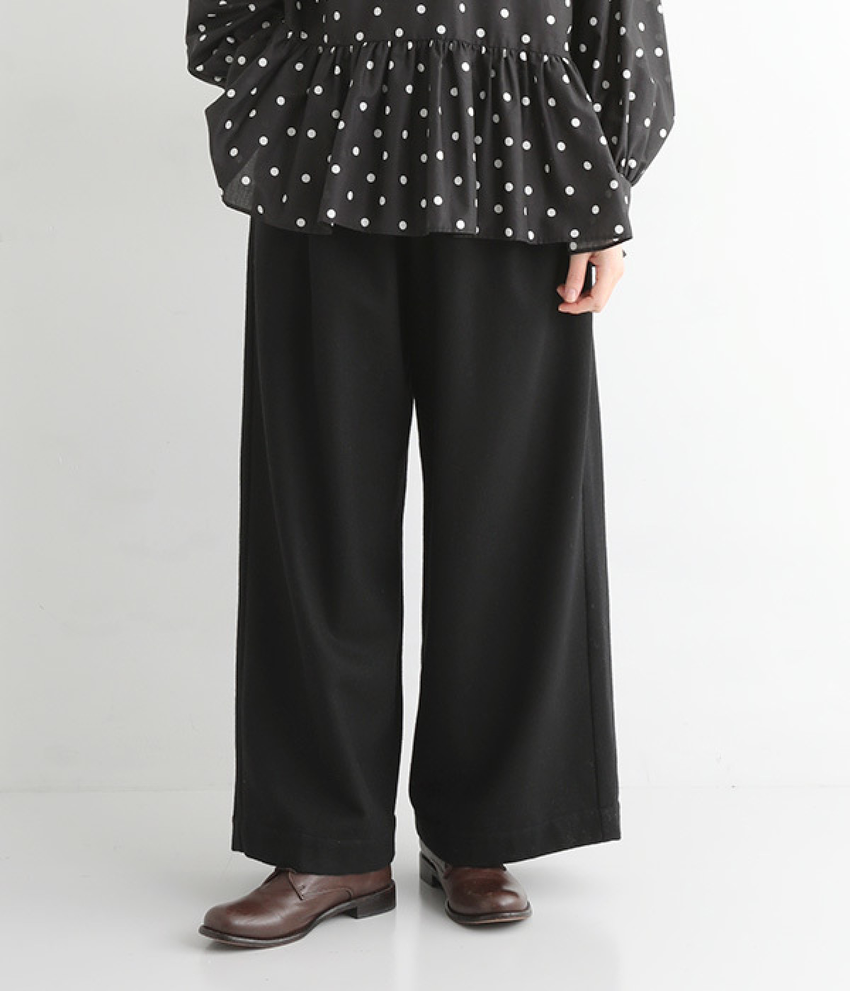 【Cion】ウール混ストレートワイドパンツ(ブラック-ONESIZE)