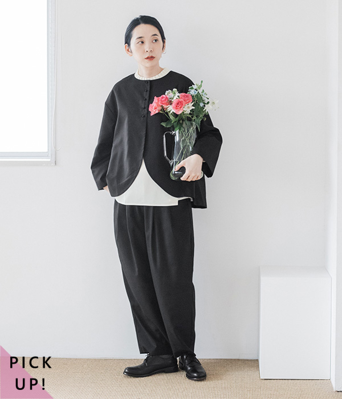 別注｜くるみボタンジャケット＋パンツセット(ブラック-M)