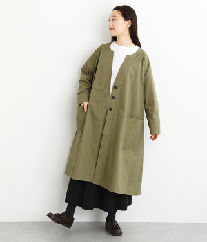 コットンツイル カフス配色Vネックコート(オリーブ×オフホワイト-ONESIZE)