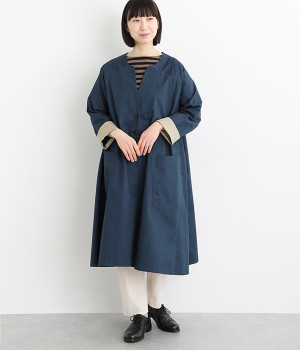 コットンツイル カフス配色Vネックコート(ネイビー×グレー-ONESIZE)