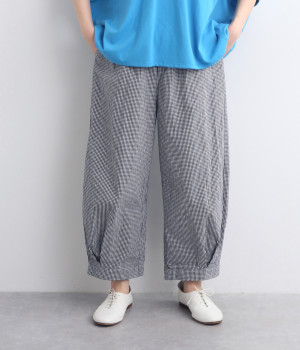 コットンリネンギンガムチェック裾タックパンツ(ネイビー-ONESIZE)