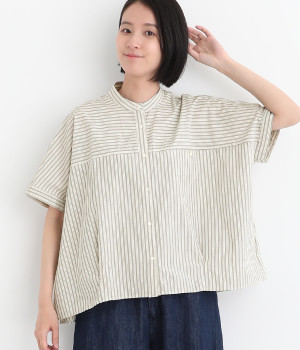 ワッシャーストライプ 裾タック切替シャツ(オフホワイト-ONESIZE)