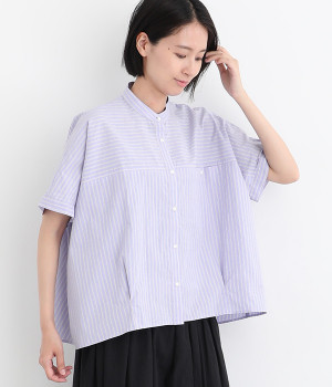 ワッシャーストライプ 裾タック切替シャツ(サックス-ONESIZE)