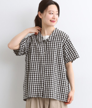 コットンリネンギンガムチェックオープンカラーシャツ(ブラック-ONESIZE)