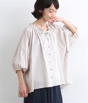 ソフトワッシャー フリルネックシャツ(ライトグレー-ONESIZE)