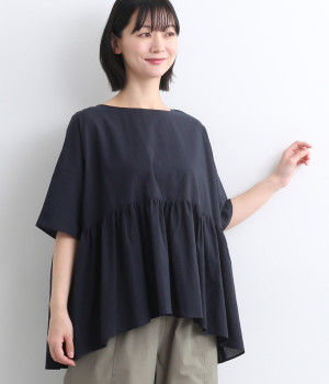 ギャザー切替ペプラムブラウス(ネイビー-ONESIZE)