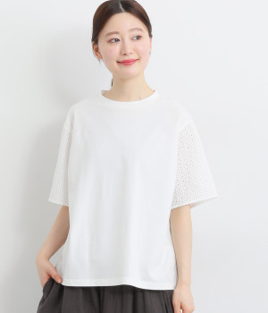 【made in japan】コットン天竺レーススリーブプルオーバー(オフホワイト-ONESIZE)