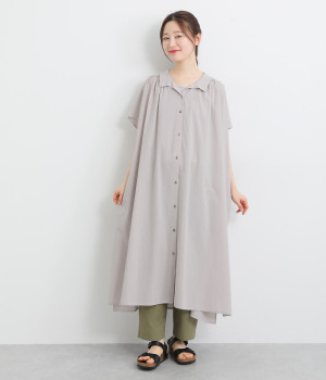 【made in japan】コットン フレンチスリーブギャザーワンピース(グレージュ-ONESIZE)