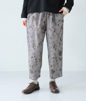 コットンリネンシーチングプリントフラワーリラックステーパードパンツ(グレー-F)