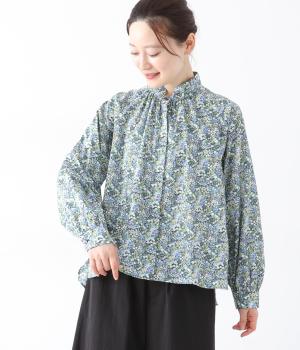 フラワーレイヤースタンドネックシャツ(ブルー-F)