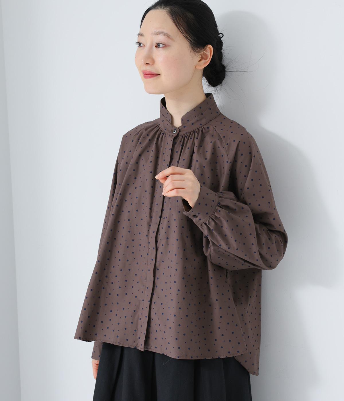 ブロードビンテージドットレイヤースタンドカラーシャツ(ブラウン-F)