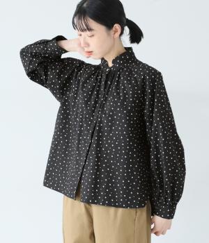 ブロードビンテージドットレイヤースタンドカラーシャツ(ブラック-F)