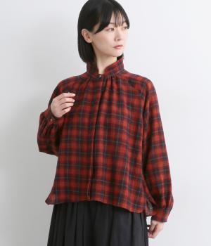 ウールガーゼチェックレイヤースタンドカラーシャツ(レッド-F)