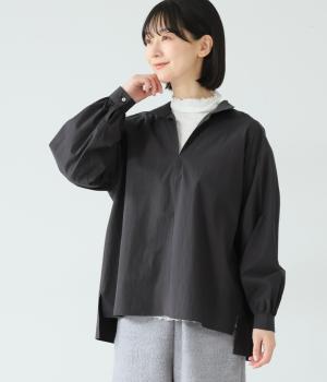 コットン近江晒タイプライターオープンカラーバックギャザープルオーバー(ネイビー-F)