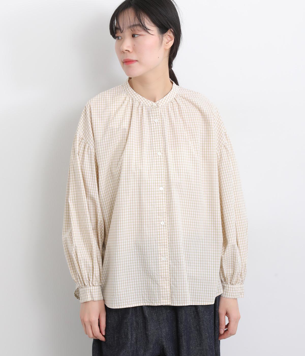 ブロードギンガムチェックバンドカラーシャツ(ベージュ-F)