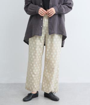 コットンリネンシーチング手書きドットパターンセミワイドストレートパンツ