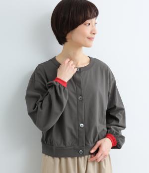 コットン度詰天竺カラーブロックショートカーディガン(チャコール-F)