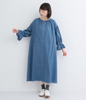 コットンローンワッシャーキャンディスリーブワンピース(ブルー-F)