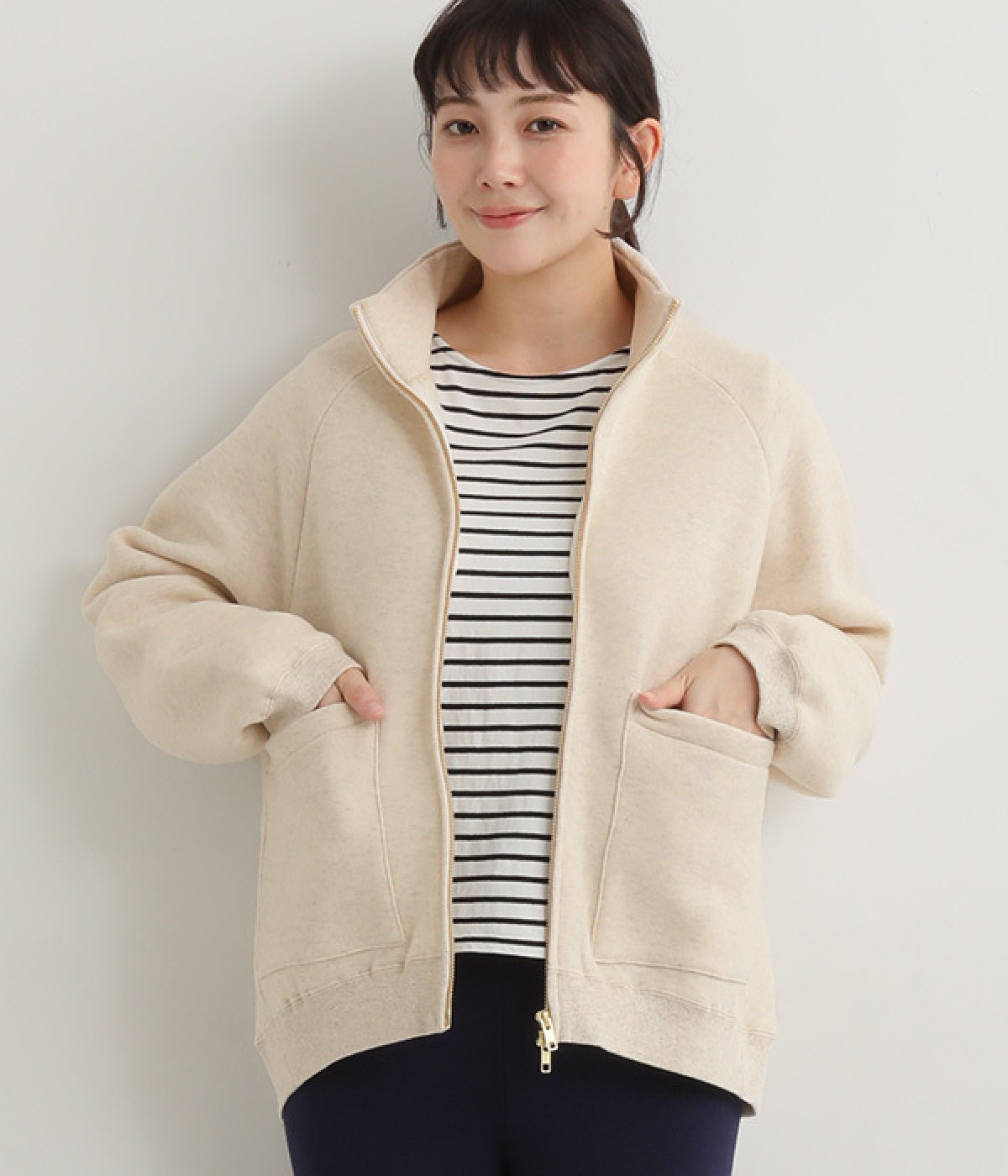 コットンリヨセル起毛裏毛ハイネックラグランブルゾン(ベージュ-ONESIZE)