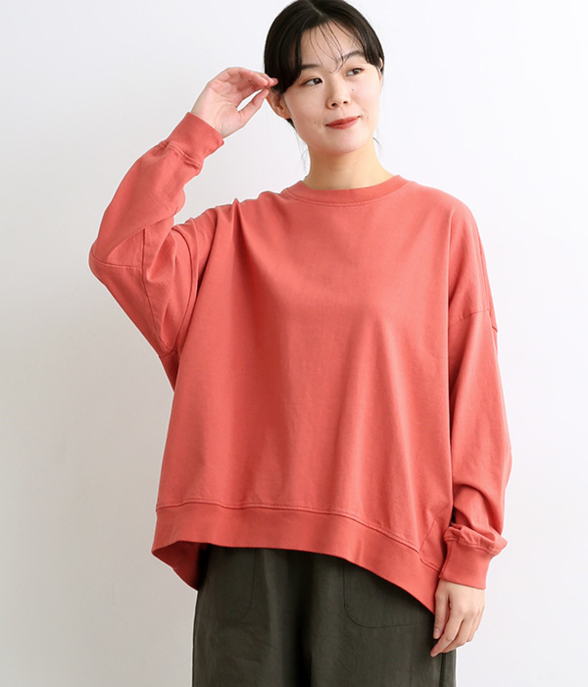 コットンアメリカンドライ天竺バックスリット袖ダーツプルオーバー(コーラルピンク-ONESIZE)