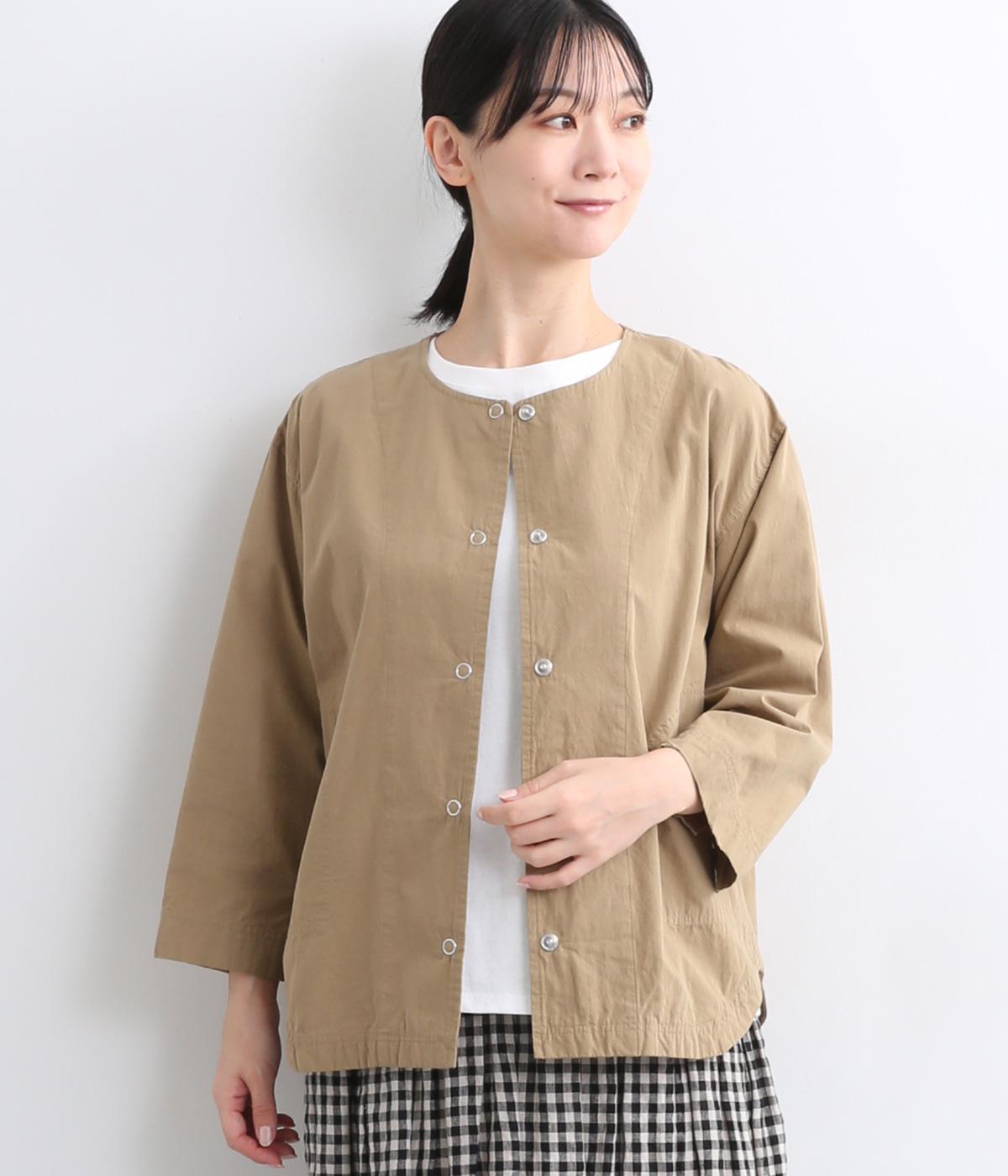 コットンヴィンテージポプリンノーカラーシャツブルゾン(ベージュ-ONESIZE)