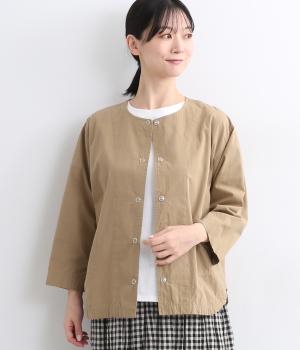 コットンヴィンテージポプリンノーカラーシャツブルゾン(ベージュ-ONESIZE)