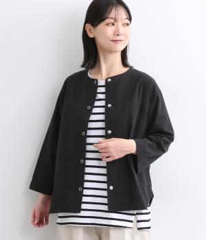 コットンヴィンテージポプリンノーカラーシャツブルゾン(ブラック-ONESIZE)