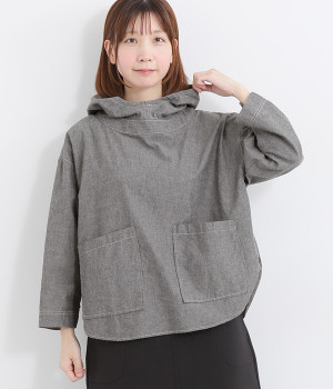 コットンダンガリー配色ステッチヘムラウンドヘムフーディープルオーバー(ブラック-ONESIZE)