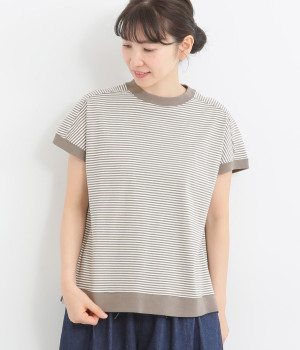 コットンアメリカンドライ天竺フレンチスリーブボーダーTシャツ(オフホワイト×モカ-ONESIZE)